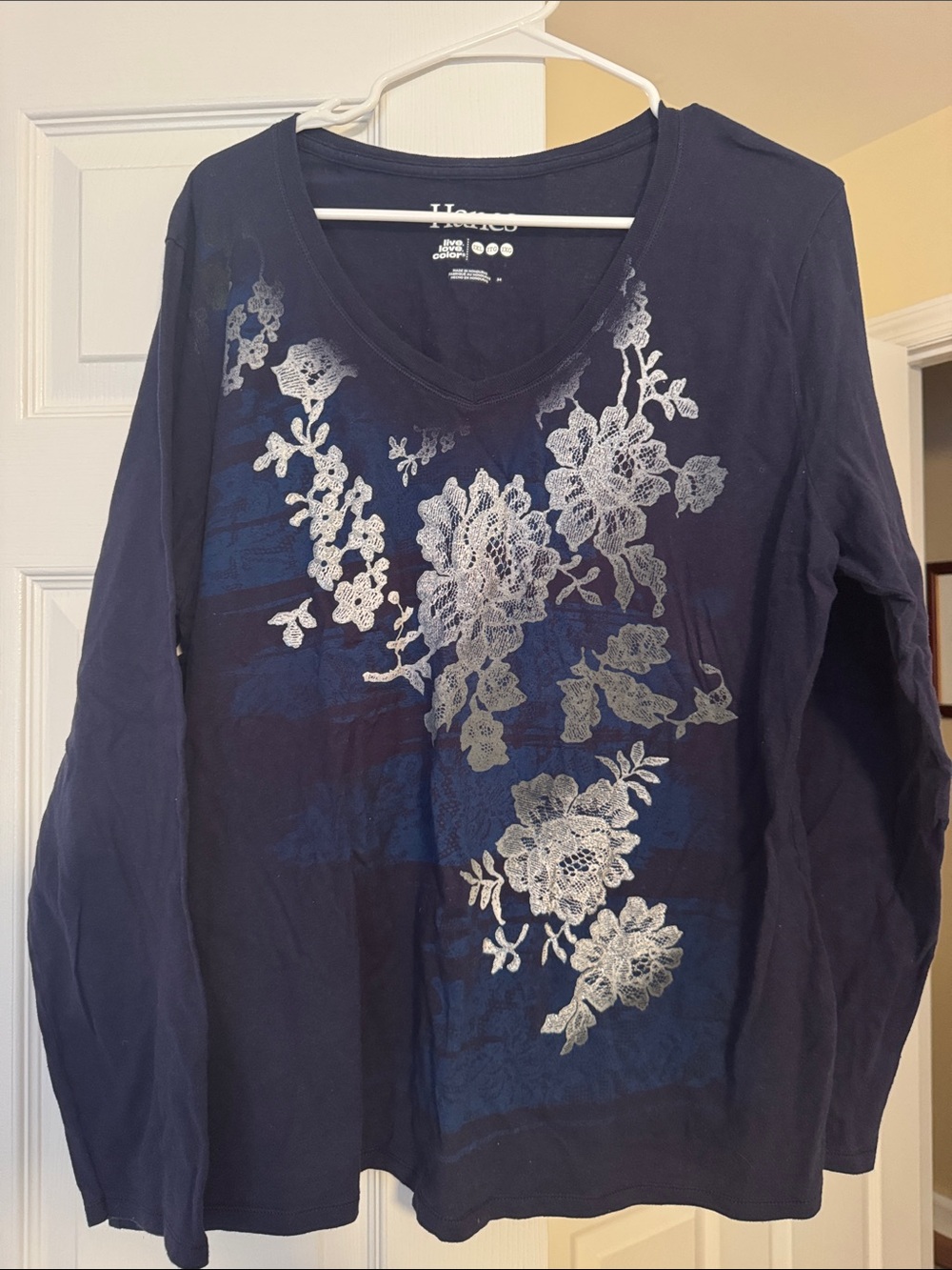 Hanes Navy Long-Sleeve V-Neck Top with Silver Floral Print